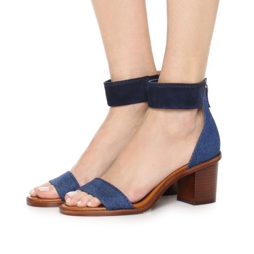 Frye Brielle Back Zip Denim and Suede Block Heel Sandal